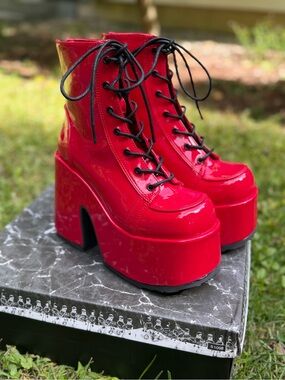 Demonia Red Patent Platform Camel Boots